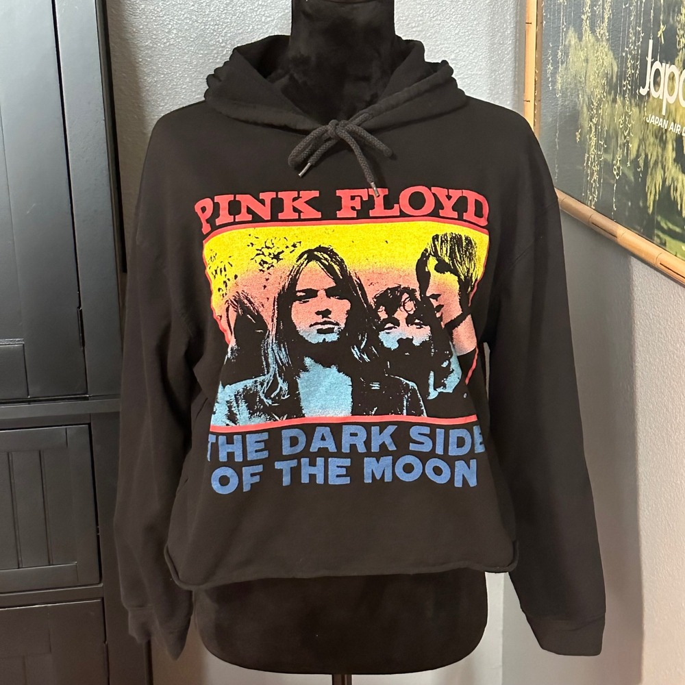 Pink Floyd Hoodie Womens Medium Black Dark Side of the Moon Cropped Graphic